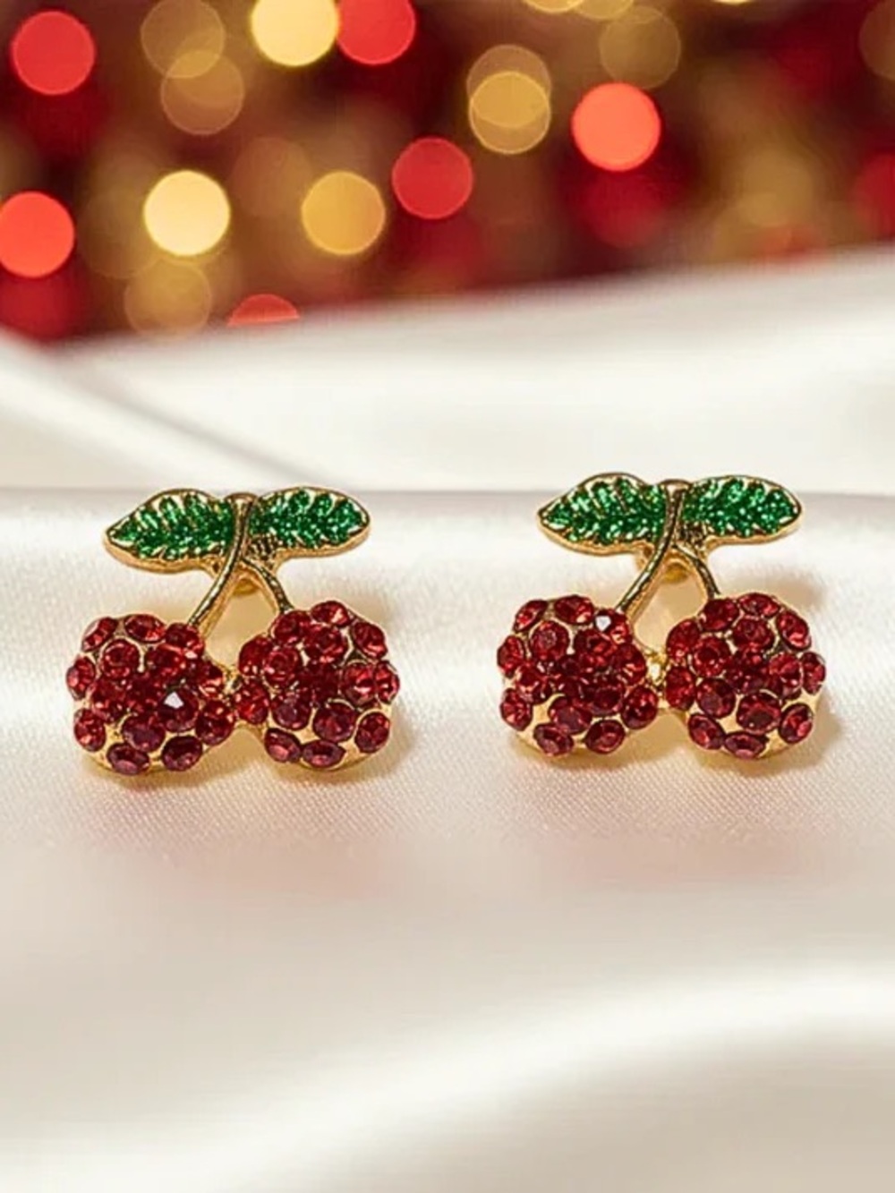 Gold-Tone Cherry Crystal Stud Earrings in Red and Green